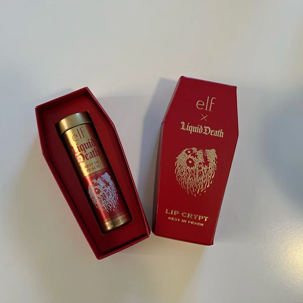 New ELF Cosmetics X Liquid Death Lip Embalm Balm Rest In Peach Limited Edition